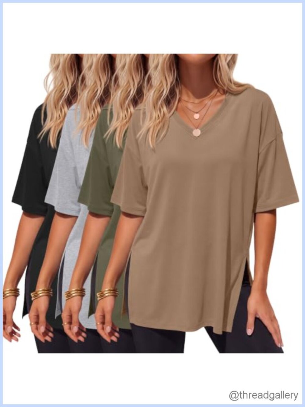 Oversized V Neck T Shirts 4 Pack Side Slit Tunic Tees